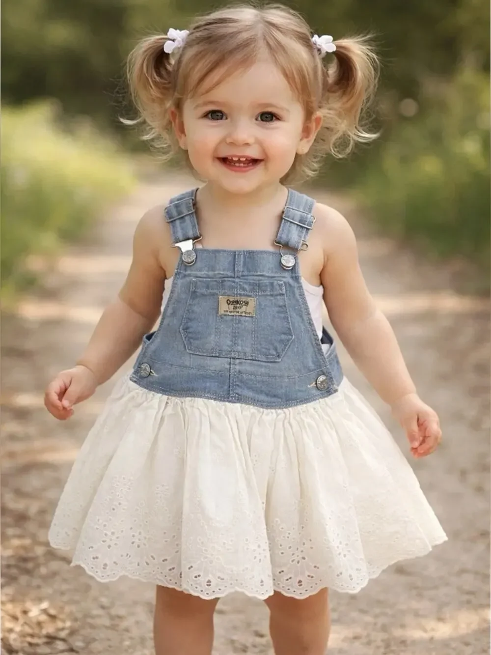 OshKosh B’Gosh Vestbak Bib Overall Dress Girls 2T Denim White Eyelet Lace Skirt